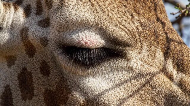 Closeup of a giraffes eye looking.