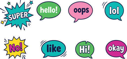 Colorful Comic Speech Bubbles Sticker Vector Set with Chat Phrases Super Hello Oops Lol No Like Hi and Okay © Rafikul