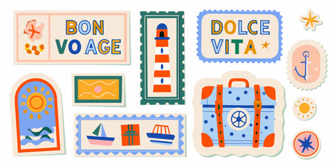 Retro travel themed sticker collection vector illustration with nautical and sun motifs stickers vintage journey © PabanBiswas
