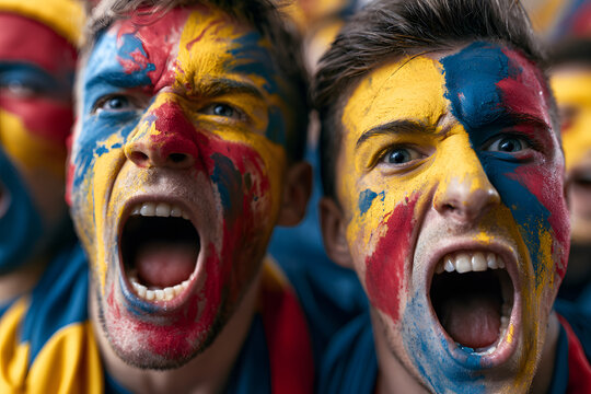 Two men with painted faces cheering.