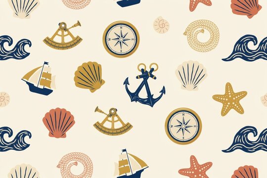 Seamless pattern of nautical including anchors, compasses, seashells, starfish, sailing ships, and ropes on a light beige background