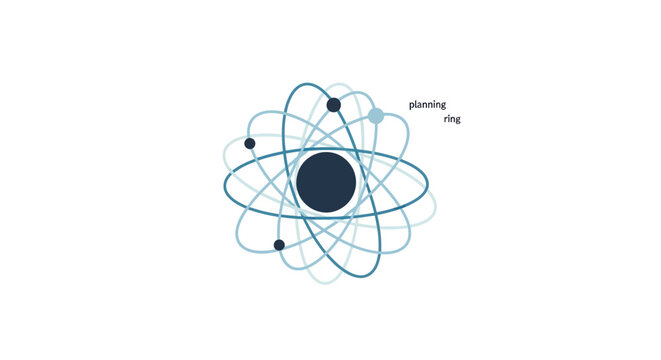 Abstract Atomic Model with Orbiting Electrons and Text 'planning, ring'
