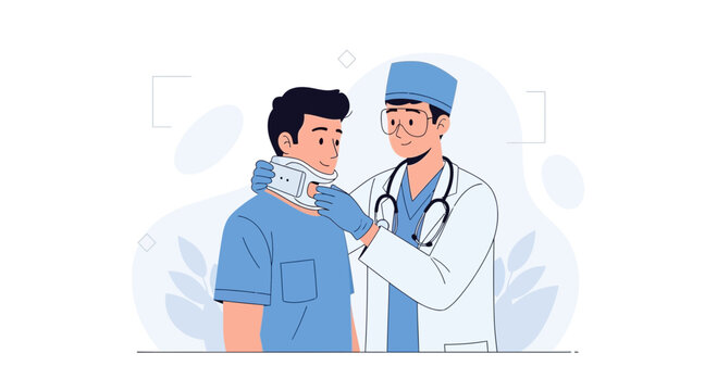 Doctor Attaches Cervical Collar to Patient, Medical Care and Injury Recovery Concept