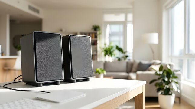 Modern desktop computer speakers placed on a white table in a bright room