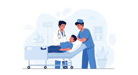Fototapeta premium Doctor and Nurse Caring for Patient in Hospital Bed, Modern Flat Illustration