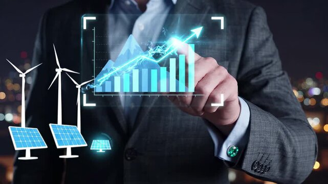 Renewable energy growth and investment with solar panels and wind turbines. Sustainable clean power generation and green technology drive economic finance, market analysis and future business
