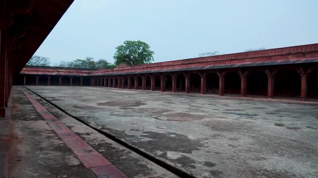 Historic Mughal Courtyard With Red Sandstone Colonnades At Fatehpur Sikri