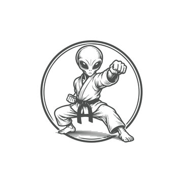 Alien Karate Vintage Engraving Vector Illustration Isolated on White Background