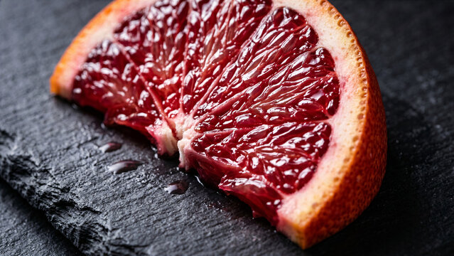 Hyper realistic macro preview of fresh juicy blood orange pulp vesicles filled with rich ruby crimson juice