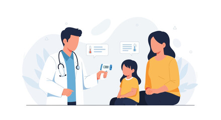 Fototapeta premium Doctor Checks Child's Temperature with Infrared Thermometer, Mother Present - Healthcare Illustration