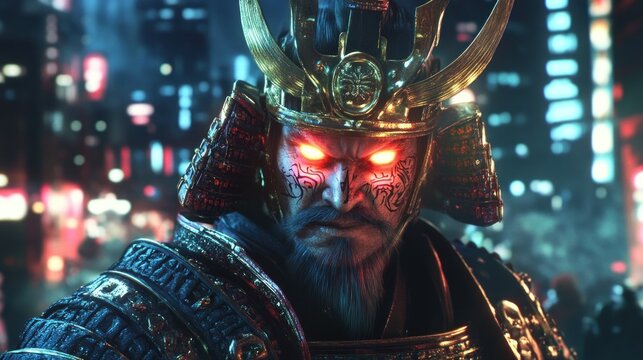 Samurai warrior in ornate armor city backdrop