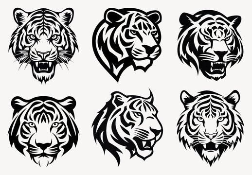Stylized Tiger Head Illustrations Element Design Set