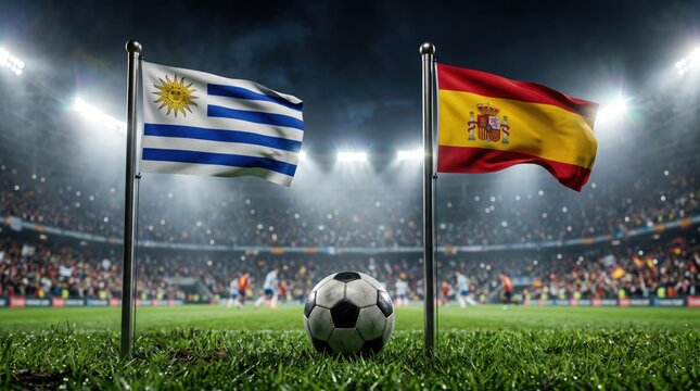 Uruguay vs spain soccer match, flags of uruguay and spain on a football field with a soccer ball