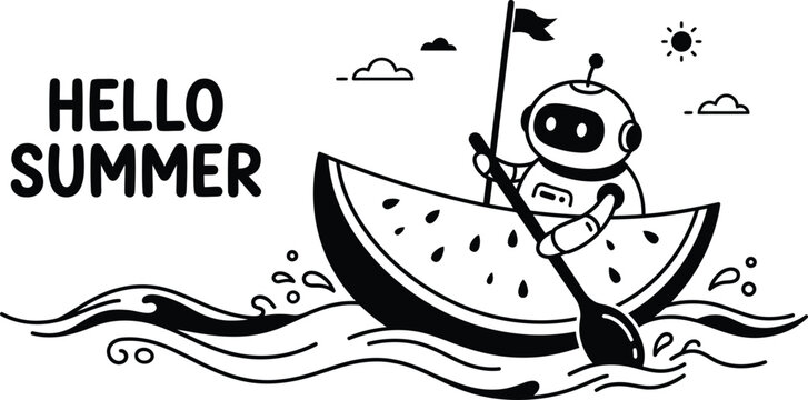 Hello summer cute cartoon robot rowing watermelon boat vector illustration, black and white minimal tropical fruit ocean waves line art coloring page