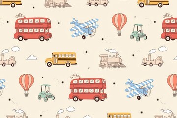 Naklejka premium Seamless pattern with hand drawn vintage style vehicles including red double decker buses, yellow school buses, airplanes, and trains on cream