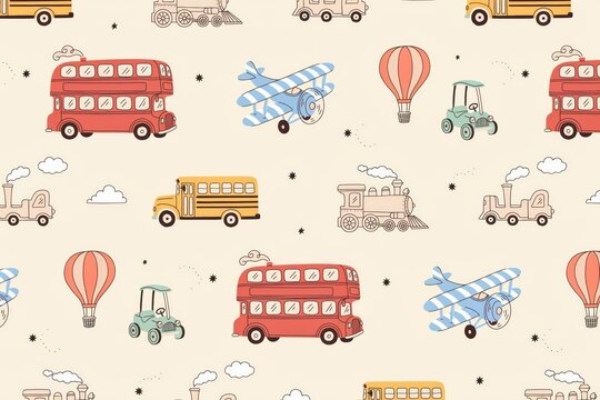 Seamless pattern with hand drawn vintage style vehicles including red double decker buses, yellow school buses, airplanes, and trains on cream
