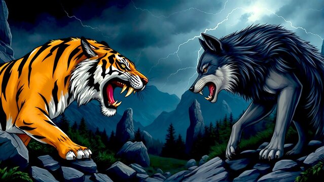 Dramatic face-off between tiger and wolf in stormy mountain landscape