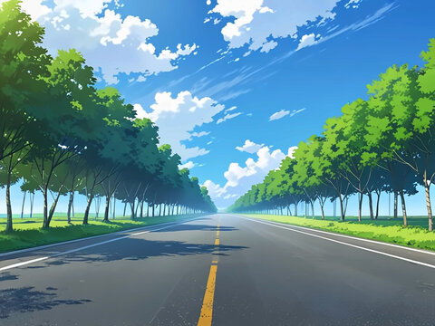 青空の下、緑の木々が並ぶまっすぐな道路
