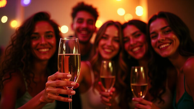 House creative design style iteration concept nature Diverse friends taking selfie celebrating party with champagne