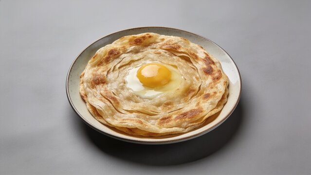 Freshly cooked egg paratha served in a dish, top-down food photography on a grey background.