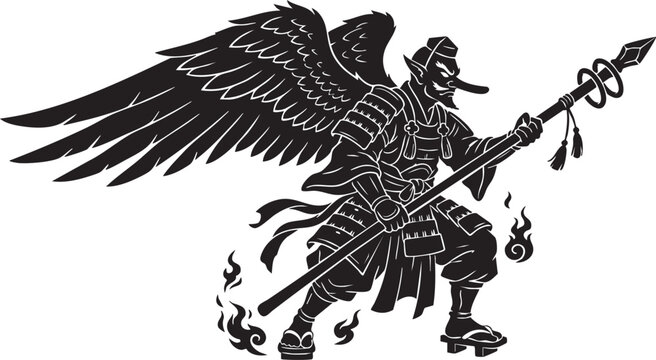 Angelic warrior with wings holding a flaming spear