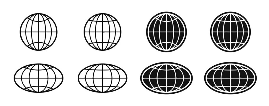 Set of minimalist globe icons, vector black and white earth symbols