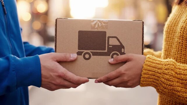 Courier delivering a cardboard parcel to a customer on the street. Delivery service handover of ecommerce package with a printed truck symbol. Online shopping order, shipping and postal logistic.