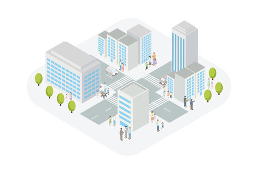 Isometric illustration of a modern city cityscape with buildings, roads, and people