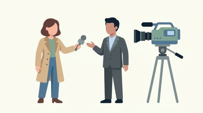 Journalist interviewing a man in a suit with a video camera
