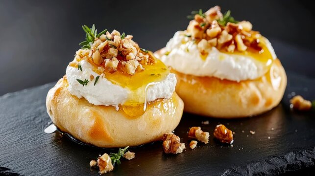 appetizer image. A small piece of warm focaccia is topped with a generous dollop of creamy ricotta cheese, a drizzle of golden honey