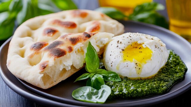 A luxurious, creamy appetizer image. A piece of warm focaccia is torn and placed on a plate next to a whole ball of creamy burrata cheese