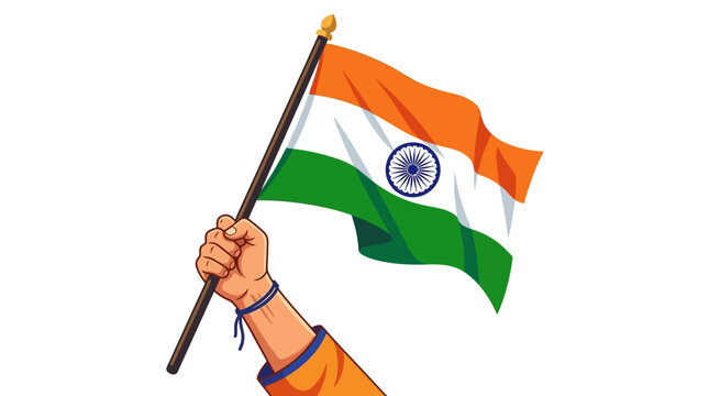 hand holding waving Indian national flag cartoon vector illustration