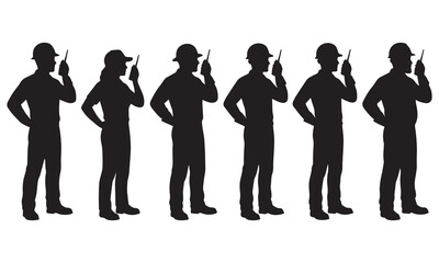 Obraz premium Set of black silhouettes of construction workers holding walkie talkies on white background.