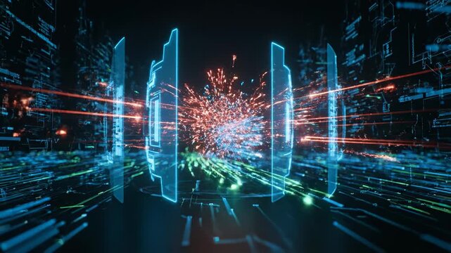 Glowing digital ring with architectural data display in futuristic setting