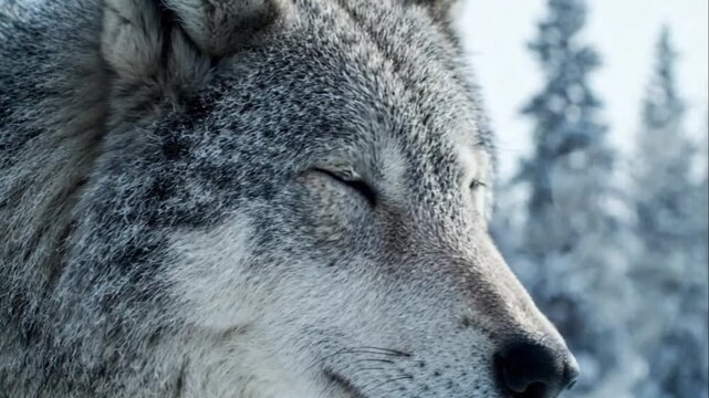 Gray wolf closeup in snowy forest.