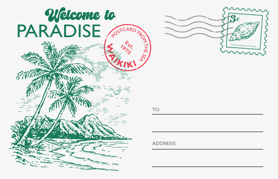Vintage retro postcard template with tropical palm beach landscape, Waikiki Hawaii stamp and sea shell. Hand drawn paradise illustration for summer travel, print and stationery projects.