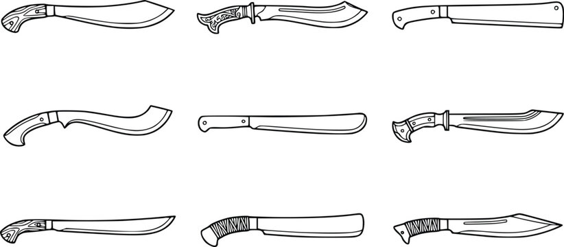 Machete and Hunting Knife Vector Icons Collection &ndash; Kukri, Bowie, Survival, Tactical, and Bushcraft Blade Outline Line Art Set