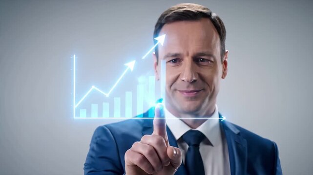 Confident businessman in a suit touching interactive financial growth chart. Business success, investment profit, and economic development with rising arrows. Corporate finance, market analysis