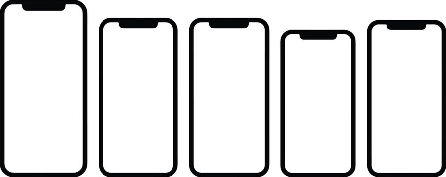 Smartphone frameless screen mockups line icon set, modern mobile phone wireframe templates with sensor notch black minimalist outline vector illustration