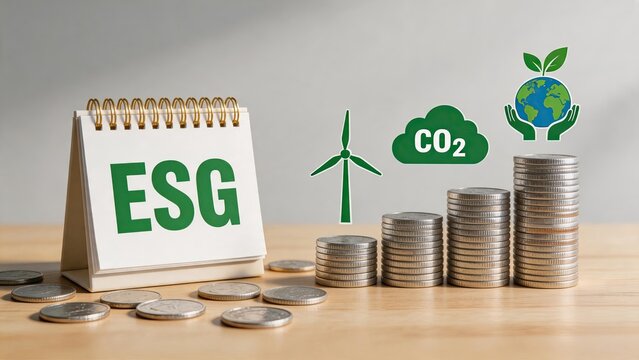 ESG calendar with green energy wind turbine and CO2 reduction icons, coins stack representing sustainable finance and environmental protection concept on desk.