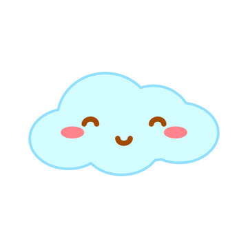 Cute cloud vector illustration, kawaii smiling cloud cartoon character, happy fluffy face icon for kids design