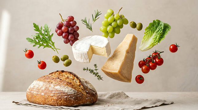 Fresh bread, cheese, and vegetables floating on table, healthy food ingredients