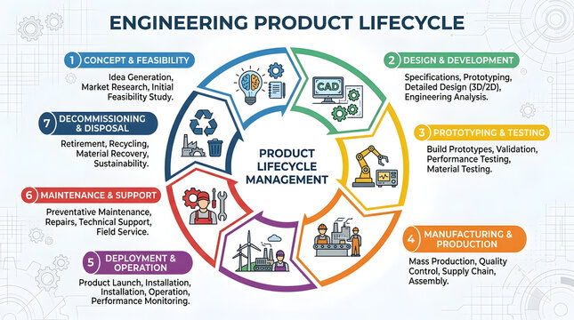 Engineering product lifecycle management diagram with seven distinct colorful process steps