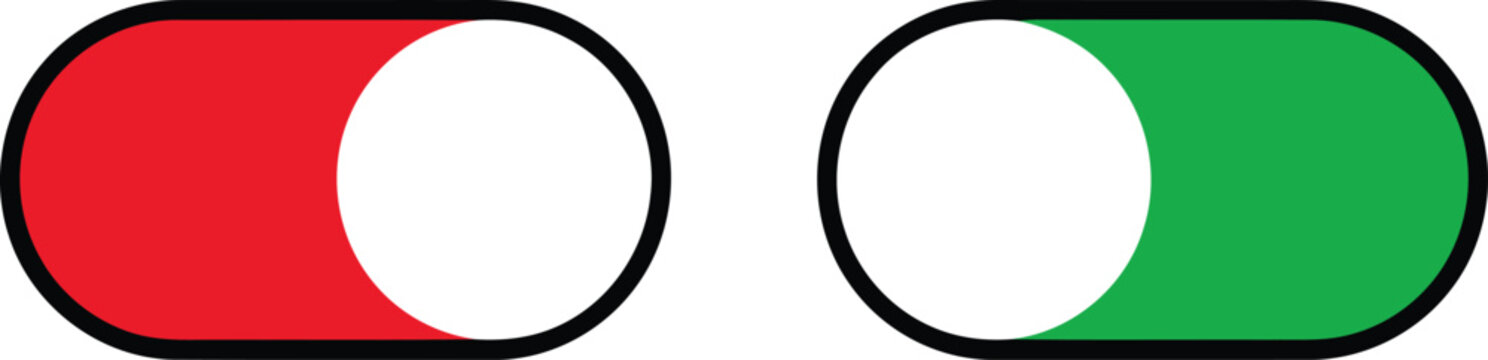 Two horizontal toggle switch buttons, one red for off and one green for on, isolated on a white background, for interface