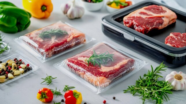 a vacuum packer in one place. The device is just sealing a transparent bag, from which the air has been pumped out, with two beautiful raw beef steaks