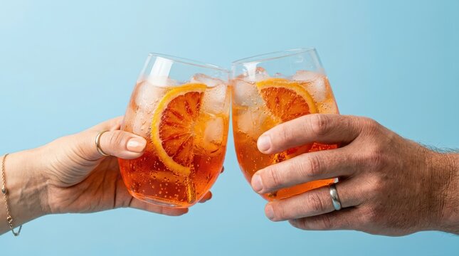 Closeup of two people clinking glasses of aperol spritz cocktail with orange slices on a light blue background