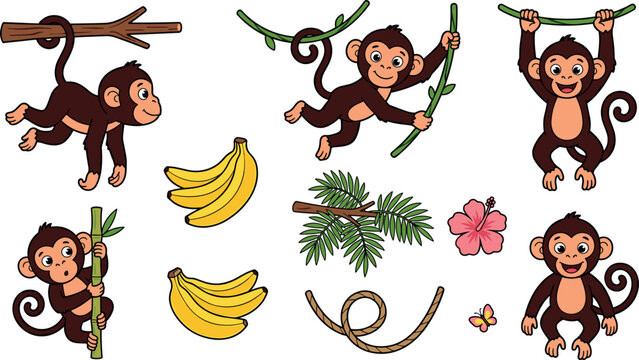 Cute Monkey Cartoon Character Sticker Set Featuring Monkeys Hanging on Vines Holding Bamboo Yellow Bananas Palm Leaves and Hibiscus Flower Vector Elements
