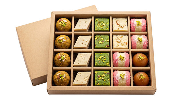 Traditional Indian sweets in gift box, assorted Diwali mithai collection, luxury cardboard packaging with laddu and barfi isolated on Transparent Background