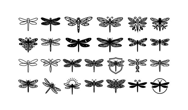 Premium dragonfly vector pack with 20 black and white insect icon designs