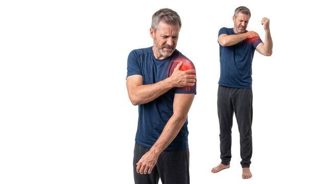 Shoulder pain and joint inflammation in mature man, middle aged male with rotator cuff injury, chronic muscle ache and physical therapy concept isolated PNG with Transparent Background